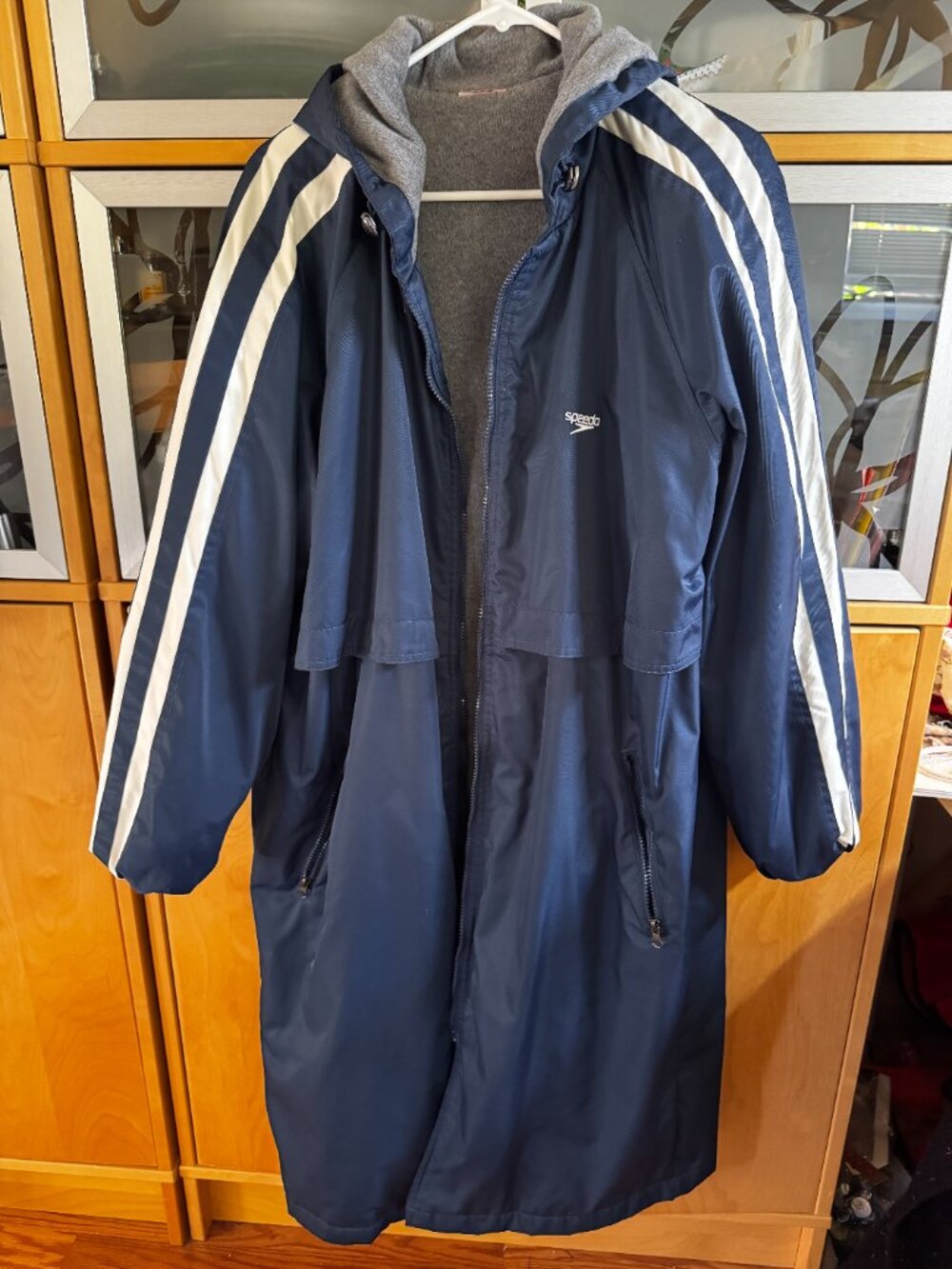 SPEEDO Blue Stripe Sleeve Long Swim Parka Fleece Lined Hooded Coat M